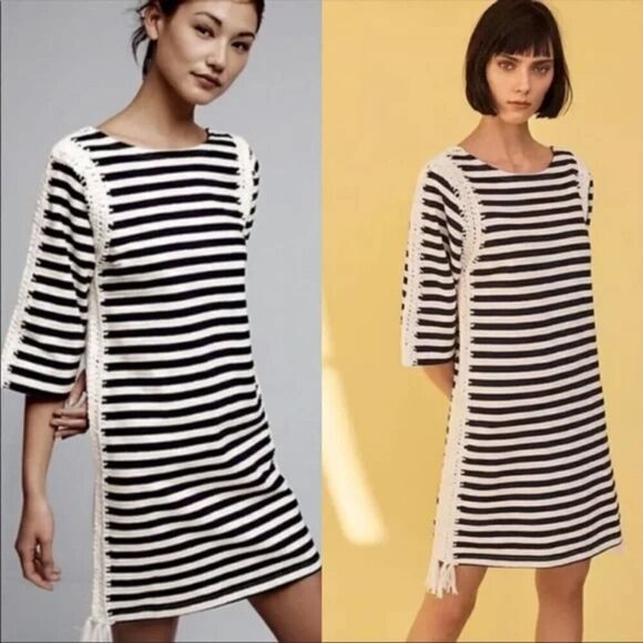 Pepin Women's Size M Breton Striped Crochet Shift Mini Dress Nautical Cotton - Picture 9 of 16